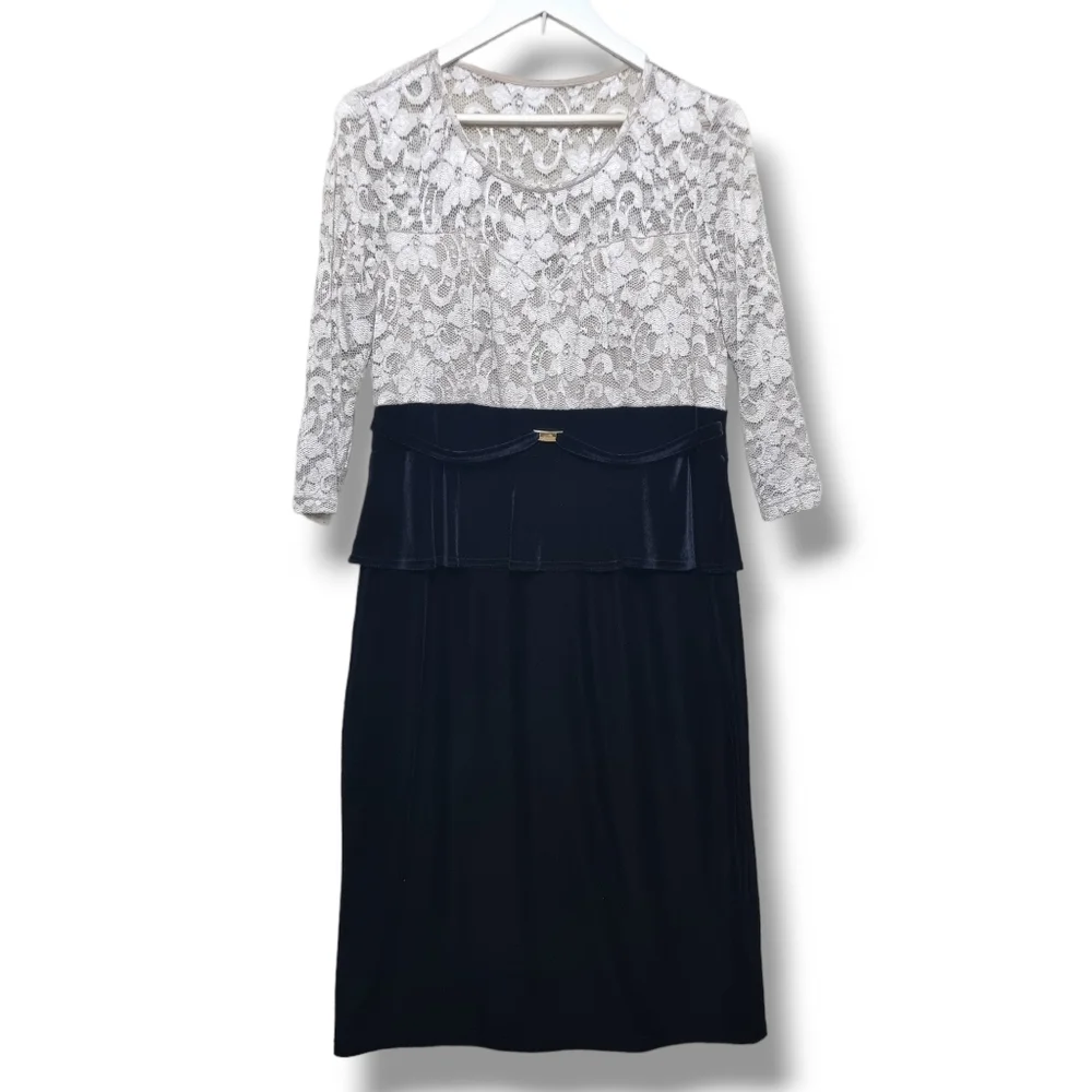 Joanna Hope Dress Womens Size 14 Peplum Midi Lace and Velvet Ivory Black - Picture 2 of 10